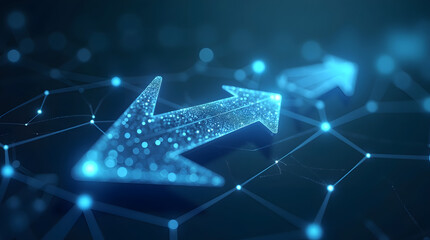 Glowing digital arrows navigating through a network, symbolizing progress and technology.