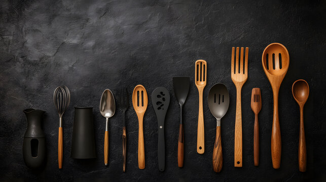 kitchen utensils on wooden table