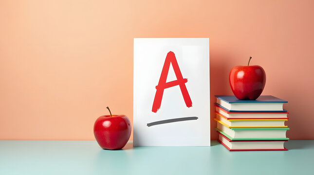 A vibrant learning scene featuring the letter 'A' with red apples and colorful stacked books.