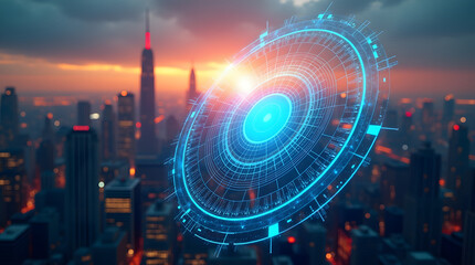 Futuristic digital hologram above a city skyline at sunset, showcasing technology and innovation.