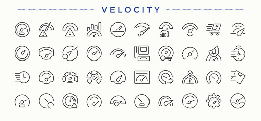 Velocity line icon set. Move icon set. Includes thin line symbols meter, low, performance, fast, movement, motion and more. Vector collections.