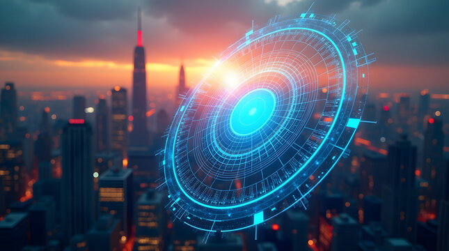 Futuristic digital hologram above a city skyline at sunset, showcasing technology and innovation.