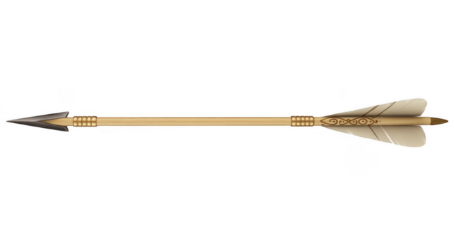 Wooden arrow with metal arrowhead and feathered fletching isolated on a transparent background