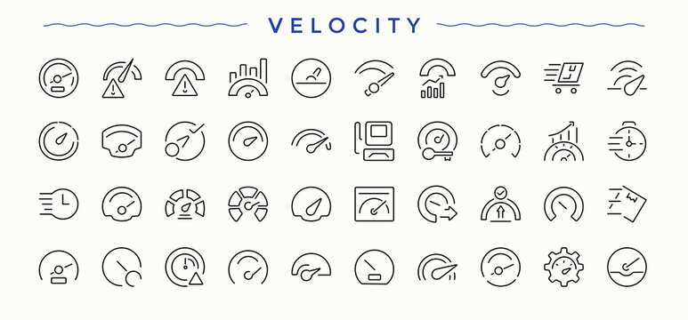 Velocity line icon set. Move icon set. Includes thin line symbols meter, low, performance, fast, movement, motion and more. Vector collections.