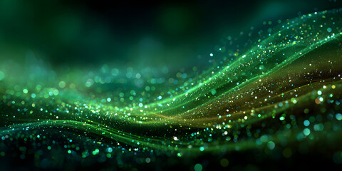 Blurred festive glitter background with green sparkles, sparkling particles, color gradient, copy space, space for text, wavy lines, bokeh.