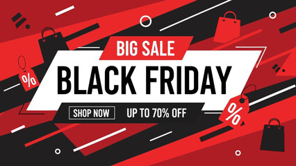 Black Friday Big Sale Banner with Shopping Bags and Discount Tags Up to 70% Off
