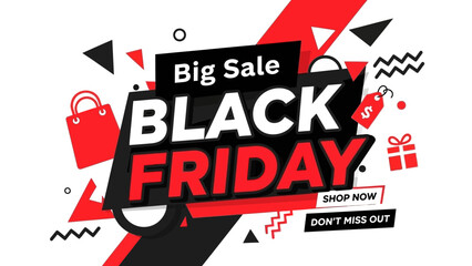 Dynamic promotional banner for a major annual shopping event, featuring abstract geometric shapes and retail icons on a white background