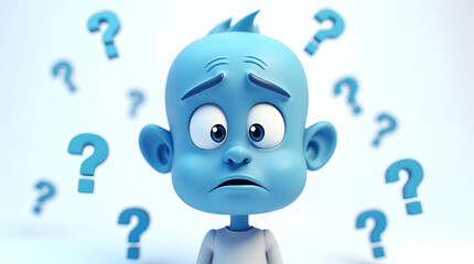 A worried blue animated character surrounded by question marks, expressing confusion and curiosity.