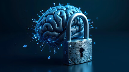 A digital brain locked with a padlock, representing secured knowledge and innovative ideas in technology.