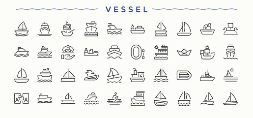 Vessel icon collection. Minimalist icons collection. Marine icon set. Featuring maritime, sea, ship, boat, ocean, shipping and more.