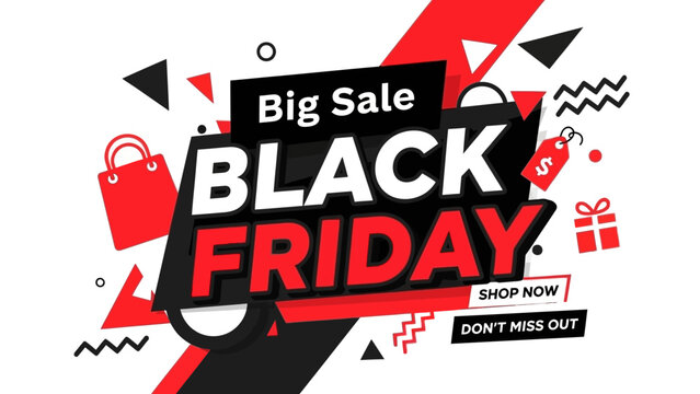 Dynamic promotional banner for a major annual shopping event, featuring abstract geometric shapes and retail icons on a white background