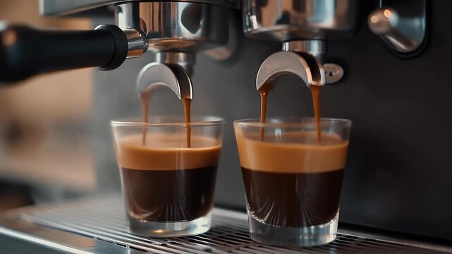 Coffee flows from cofee machine in slow motion