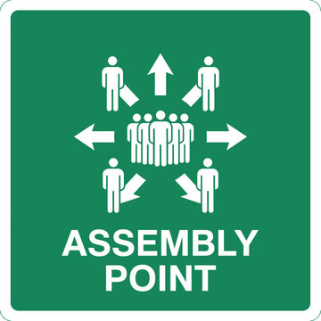 Assembly point sign with people and arrows