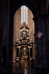 View of a side nave and chapel inside the Notre-Dame du Sablon Church in Brussels, Belgium. 
