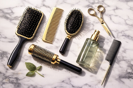 Luxury hair styling tools on a marble background. Golden brushes, combs, scissors and spray bottle in an elegant professional beauty arrangement. Modern, clean and premium composition.