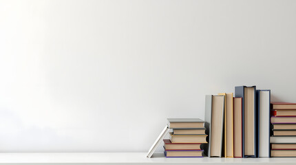 A serene arrangement of various books on a white shelf, creating a calming and organized atmosphere.