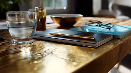 Partial view of creator's workspace with clear focused weathered gold metallic surface as design element, with copy space