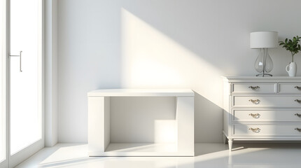 Bright and minimalist room featuring a sleek white desk and elegant dresser in soft sunlight.