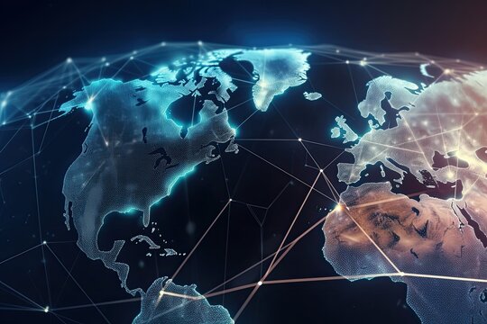 Global network connection and data exchanges over the world. 3D rendering, Global world network and telecommunication blockchain, AI Generated