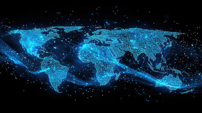 Global Network Connection Concept Blue World Map with Connected Dots and Lines on Black Background