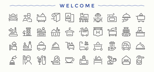 Welcome icon set. Web icons pack. Pictograms of motel, hotel, hostel, restaurant, serving. Signs for web and mobile app. Hostel icon set.