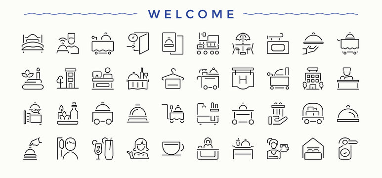 Welcome icon set. Web icons pack. Pictograms of motel, hotel, hostel, restaurant, serving. Signs for web and mobile app. Hostel icon set.