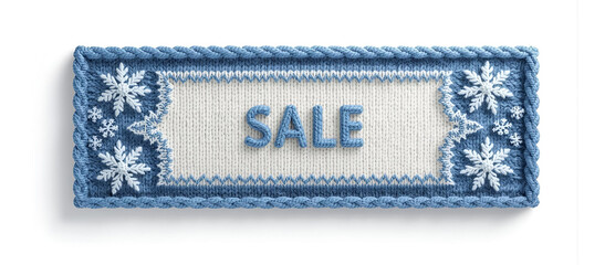 Blue Knitted Sale Banner on White Background, Winter Sale Promotion Design, Cozy Knitting Texture, Holiday Shopping Banner, Soft Yarn Illustration