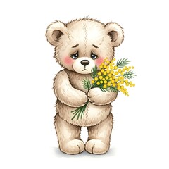A teddy bear holding a vibrant bouquet of yellow flowers, symbolizing warmth and affection.