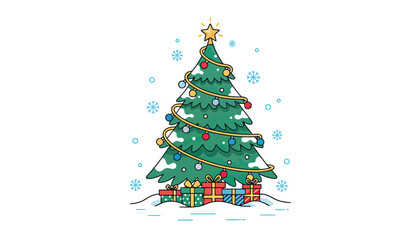 Christmas tree decorated with lights ornaments and gifts.