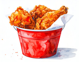 Golden Fried Delight: A tantalizing watercolor illustration of crispy, golden-brown fried chicken pieces nestled in a vibrant red bucket.