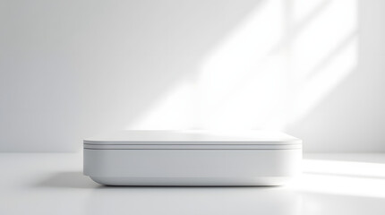 A sleek white device resting on a minimalistic surface, illuminated by soft natural light.