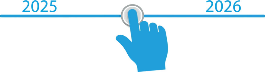 Vector Illustration of hand cursor moving timeline slider between 2025 and 2026, symbolizing future planning and progress.