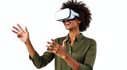 A joyful Black woman in her 30s wearing a VR headset, fully engaged in a virtual experience with expressive hand movements.