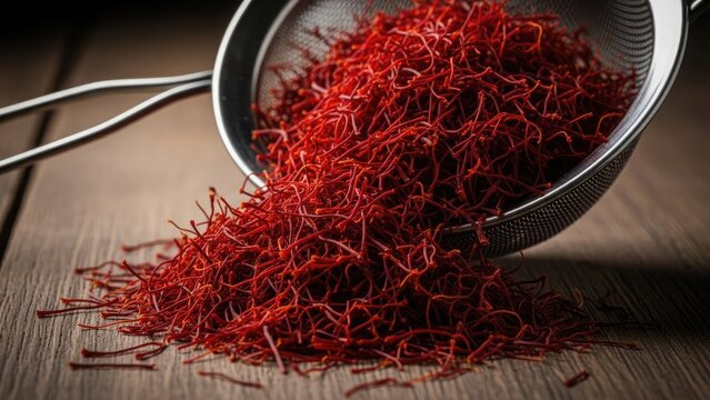 Vibrant red saffron spice threads spilling from metal strainer - Powered by Adobe