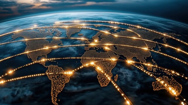 Global Network Connections – Digital World Map with Data Lines. A detailed 3D render of a glowing digital world map showing global network connections, data transfer lines, and worldwide communication