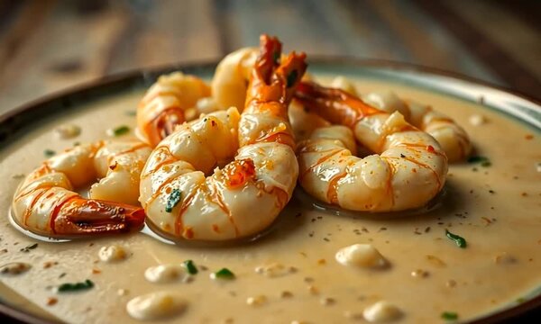 Appetizing shrimp swimming in creamy bisque sauce