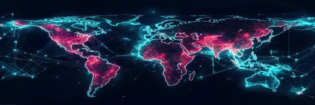 Digital map of the world with data point and connection, representing global connectivity and digital technology in business. The background is dark blue to create contrast neon pink and teal lights. - Powered by Adobe