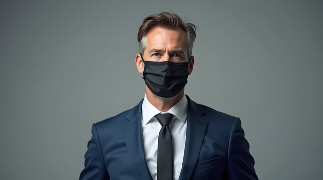 A middle-aged Caucasian man in a black mask and formal suit, exuding confidence and professionalism against a neutral backdrop.
