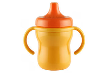 Yellow baby sippy cup with orange lid and handles isolated on a transparent background