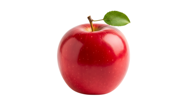 A single ripe glossy red apple with a green leaf isolated on transparent background