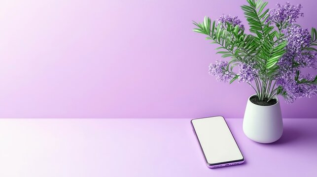 A modern smartphone lies on a pastel purple surface next to a white pot containing a green plant with purple flowers. The background is a soft lilac color, crea - Powered by Adobe