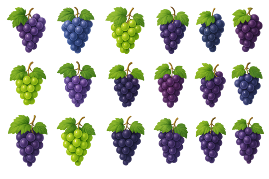 Collection of various fresh grape clusters in different colors isolated on transparent background