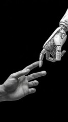 Fototapeta premium A striking monochrome shot of a human hand extending towards a metallic robot arm, with the fingertips nearly touching.