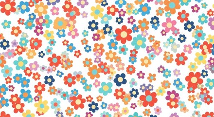 Vibrant and cheerful abstract floral pattern with a multitude of colorful small flowers scattered across a white background