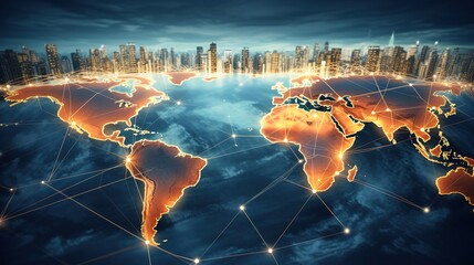 Global Network Connectivity – Digital World Map and Modern City Skyline