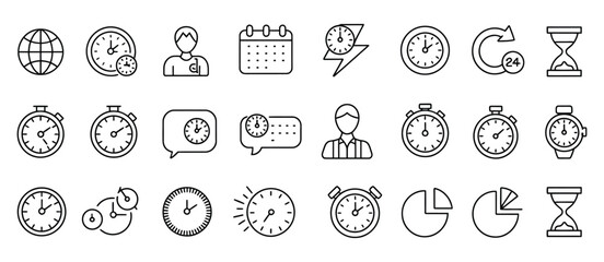 Alarm and deadline icons with clocks, calendars, sand hourglass, digital smartwatch, timer stopwatch, and time management elements in thin line vector style, ideal for scheduling and productivity