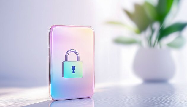 A smartphone displays a padlock icon, symbolizing digital security and privacy. The device is placed on a surface with soft, diffused light creating a serene at