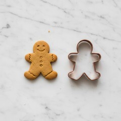 Minimalist top-down flat lay of a baked gingerbread man cookie and a copper cookie cutter on a white marble surface.