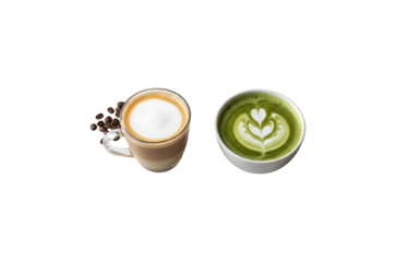 A cup of Latte and a Matcha Latte sitting on a white table