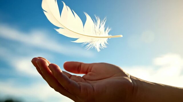 Hand gently holding white feather against sunny blue sky. Releasing it to float freely in slow motion closeup. Poignant moment symbolizing freedom and letting go in serene nature.